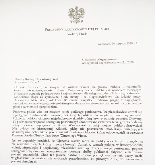 List Prezydenta na uroczystości dożynkowe w roku 2020 