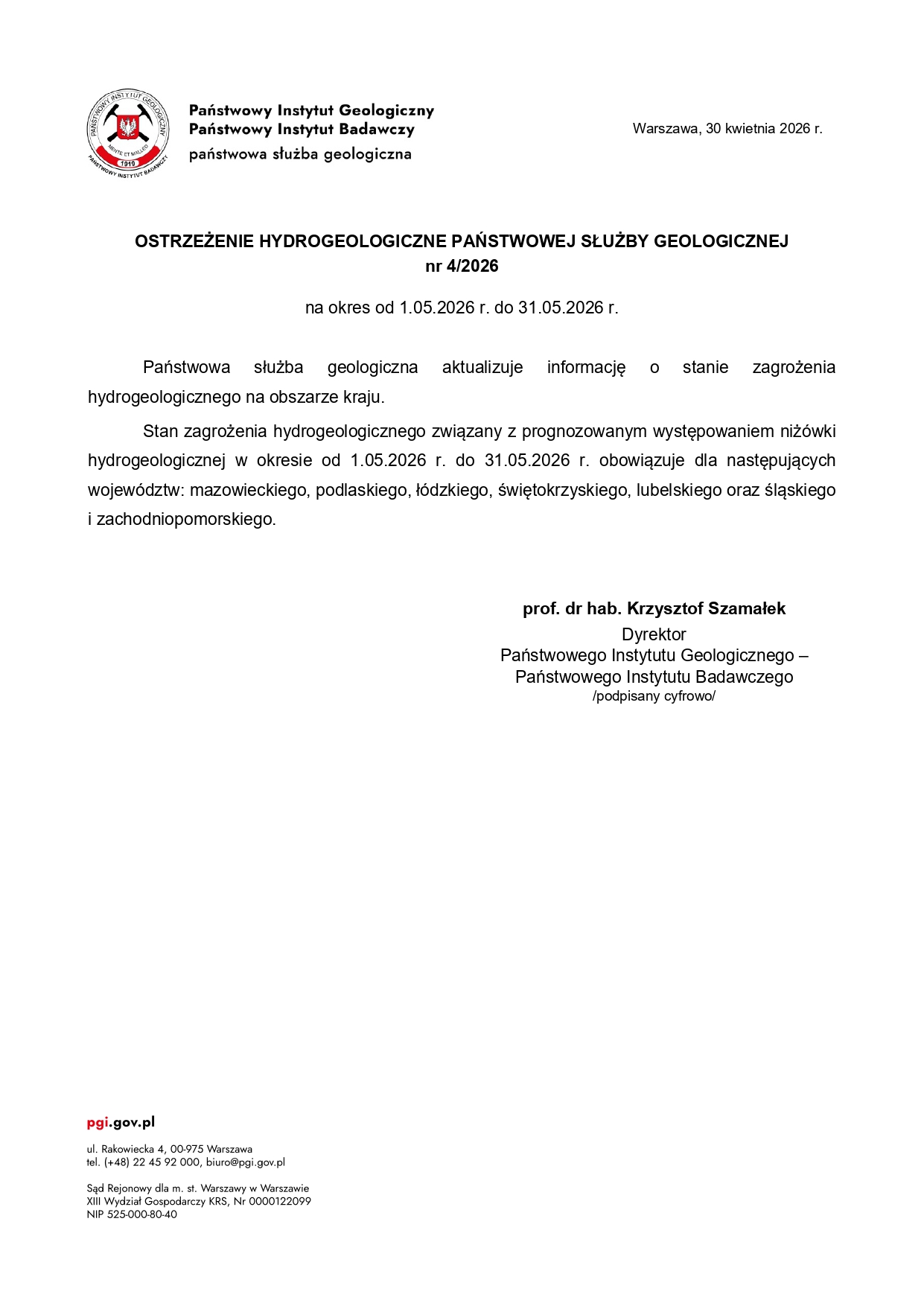 Ostrzeżenie hydrogeologiczne PSG nr 4 2026 page 0001